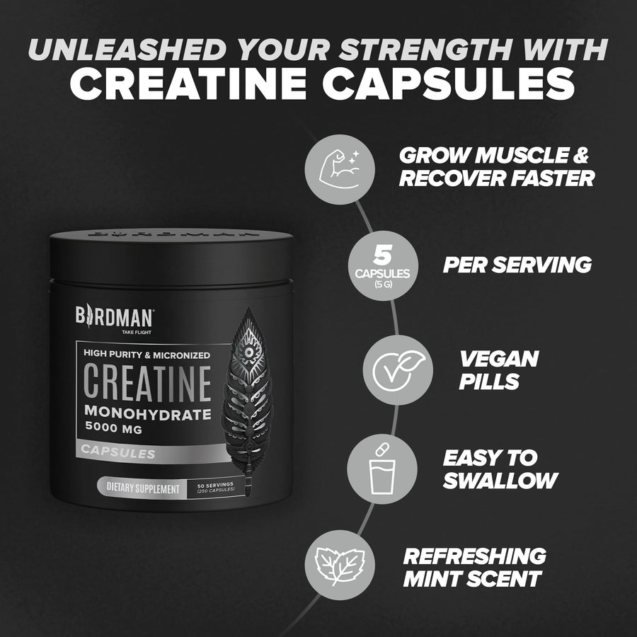High-Purity Micronized Creatine Monohydrate in Capsules - 250 Capsules