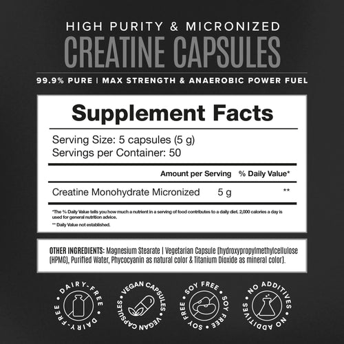 High-Purity Micronized Creatine Monohydrate in Capsules - 250 Capsules