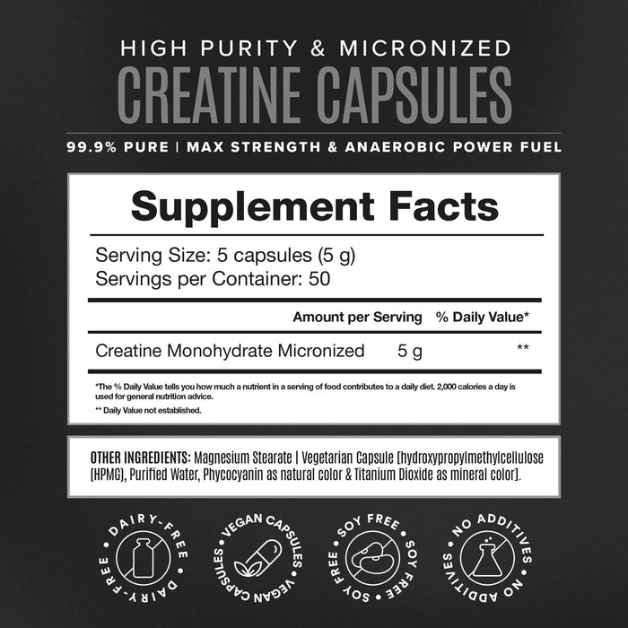 High-Purity Micronized Creatine Monohydrate in Capsules - 250 Capsules